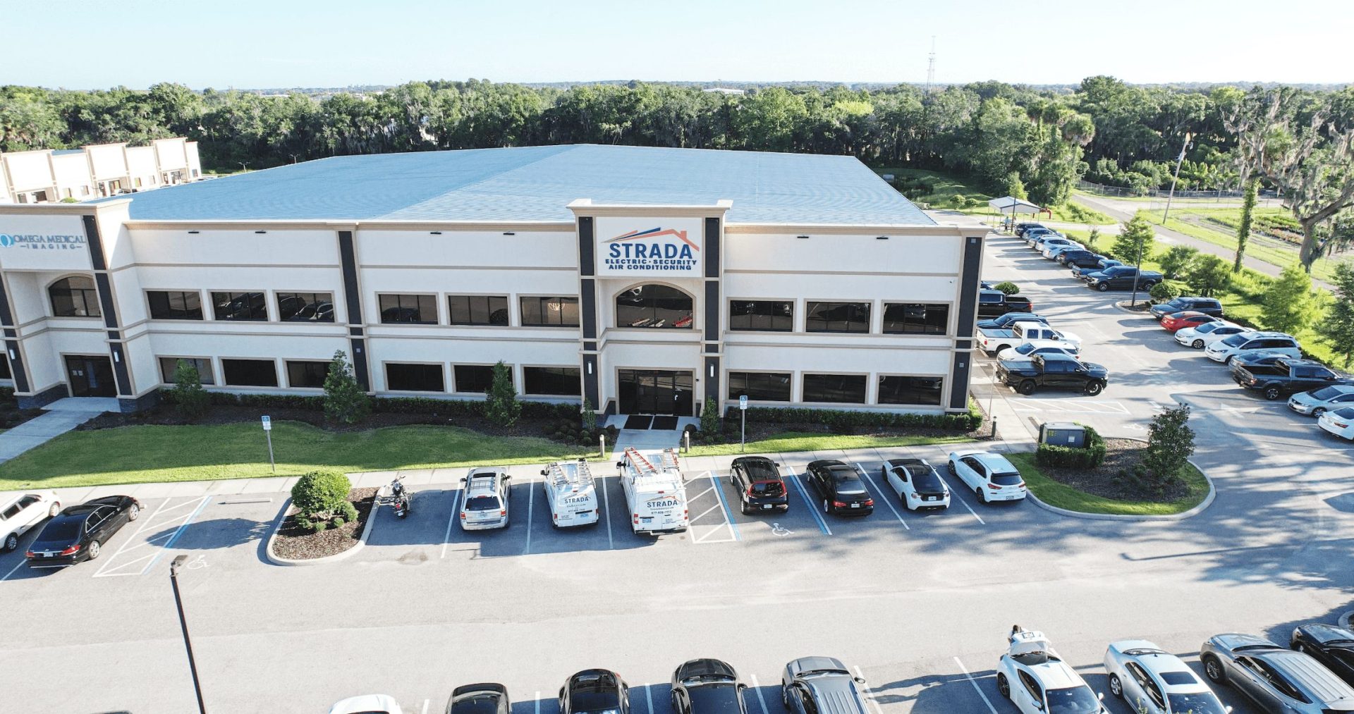 Aerial view of Strada Services building and parking lot