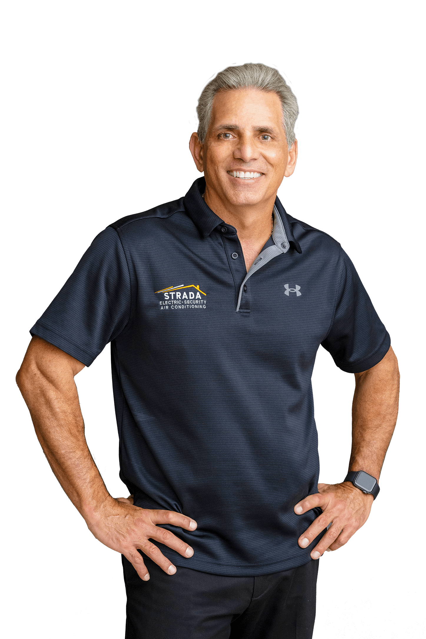 The owner, Joe Strada, is smiling, wearing a Strada Services polo shirt, and has his hands on his hips.