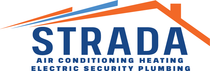 A logo that reads, "Strada Air Conditioning Heating Electric Security Plumbing" with a blue and orange roof.