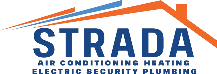 A logo that reads, "Strada Air Conditioning Heating Electric Security Plumbing" with a blue and orange roof.