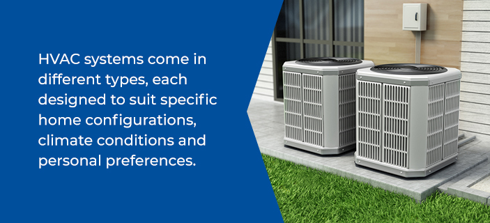 HVAC systems come in different types, each designed to suit specific home configurations, climate conditions and personal preferences. 