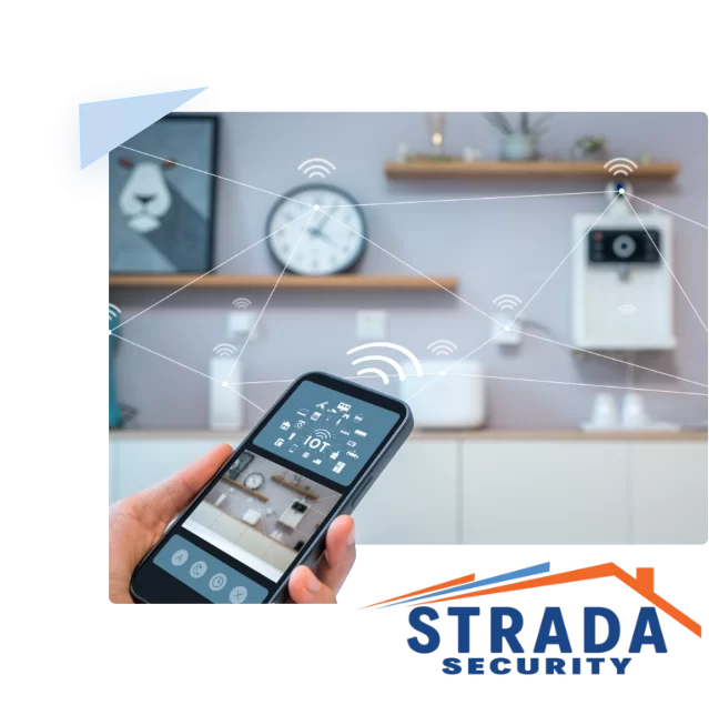 A man's holding a phone. There's wifi signals above the phone connected by lines & dots. "Strada Security" is in the corner.