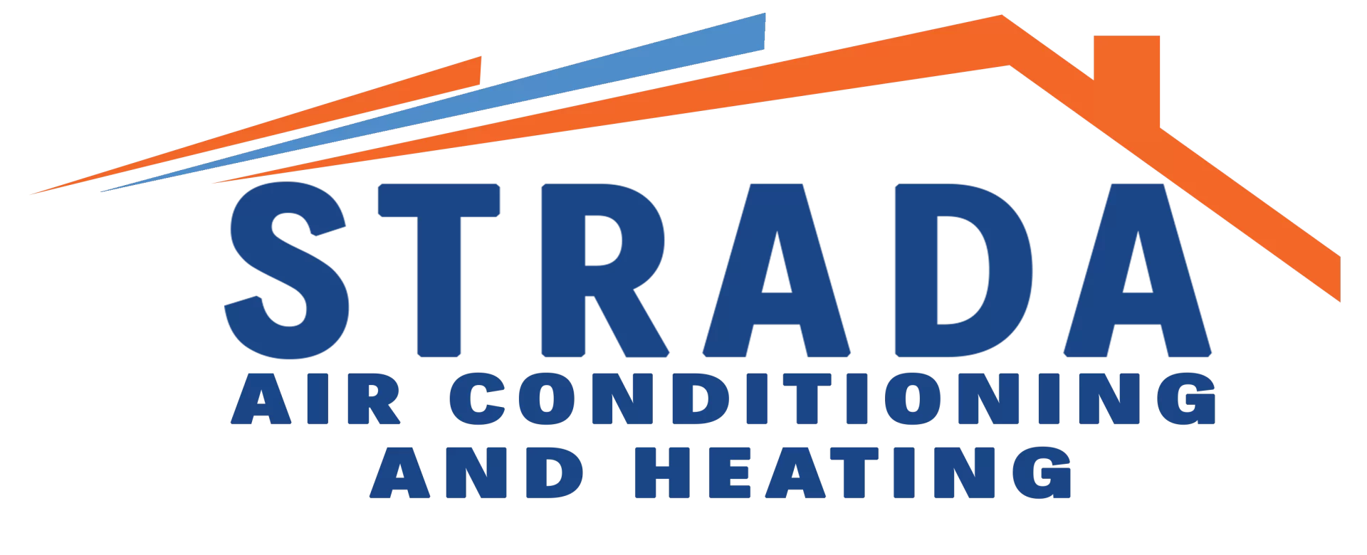 Un logotipo que reza &quot;Strada Air Conditioning And Heating&quot; con un techo azul y naranja.