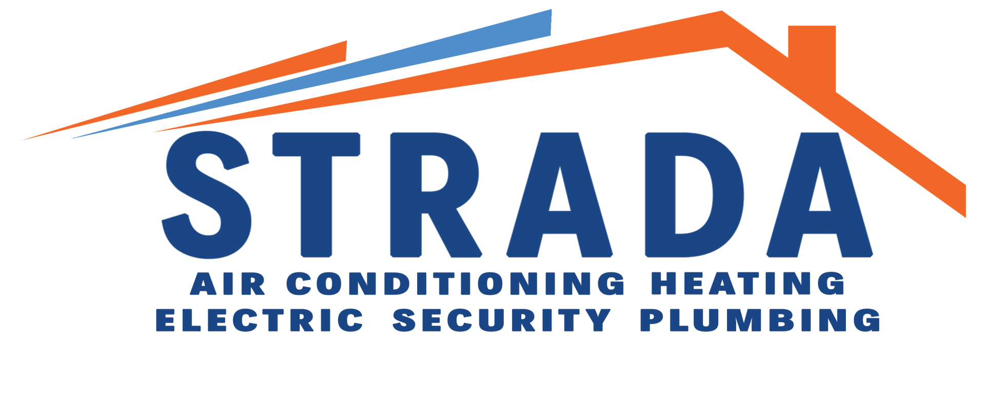 Un logotipo que reza: &quot;Strada Air Conditioning Heating Electric Security plomería&quot; con un techo azul y naranja.