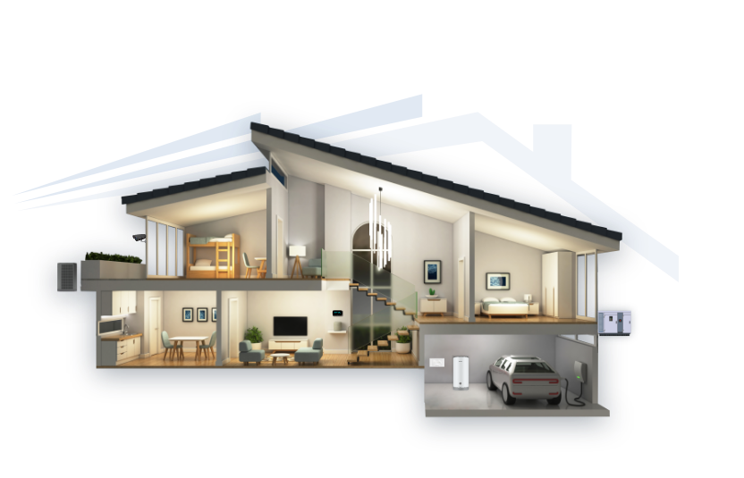 A view of the inside of each room in a house and the garage. There's a light blue logo of a roof above the back of the house.
