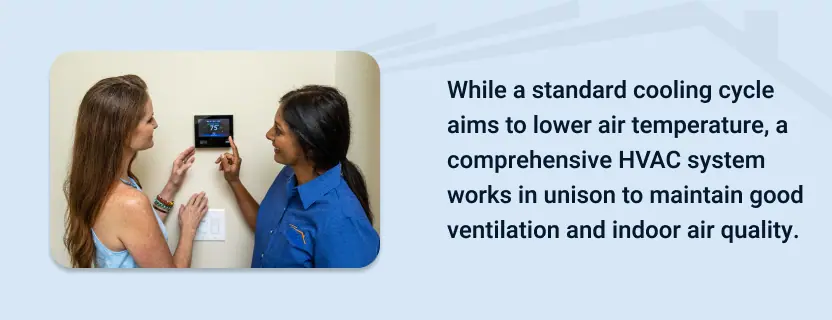 While a standard cooling cycle aims to lower air temperature, a comprehensive HVAC system works in unison to maintain good ventilation and indoor air quality.